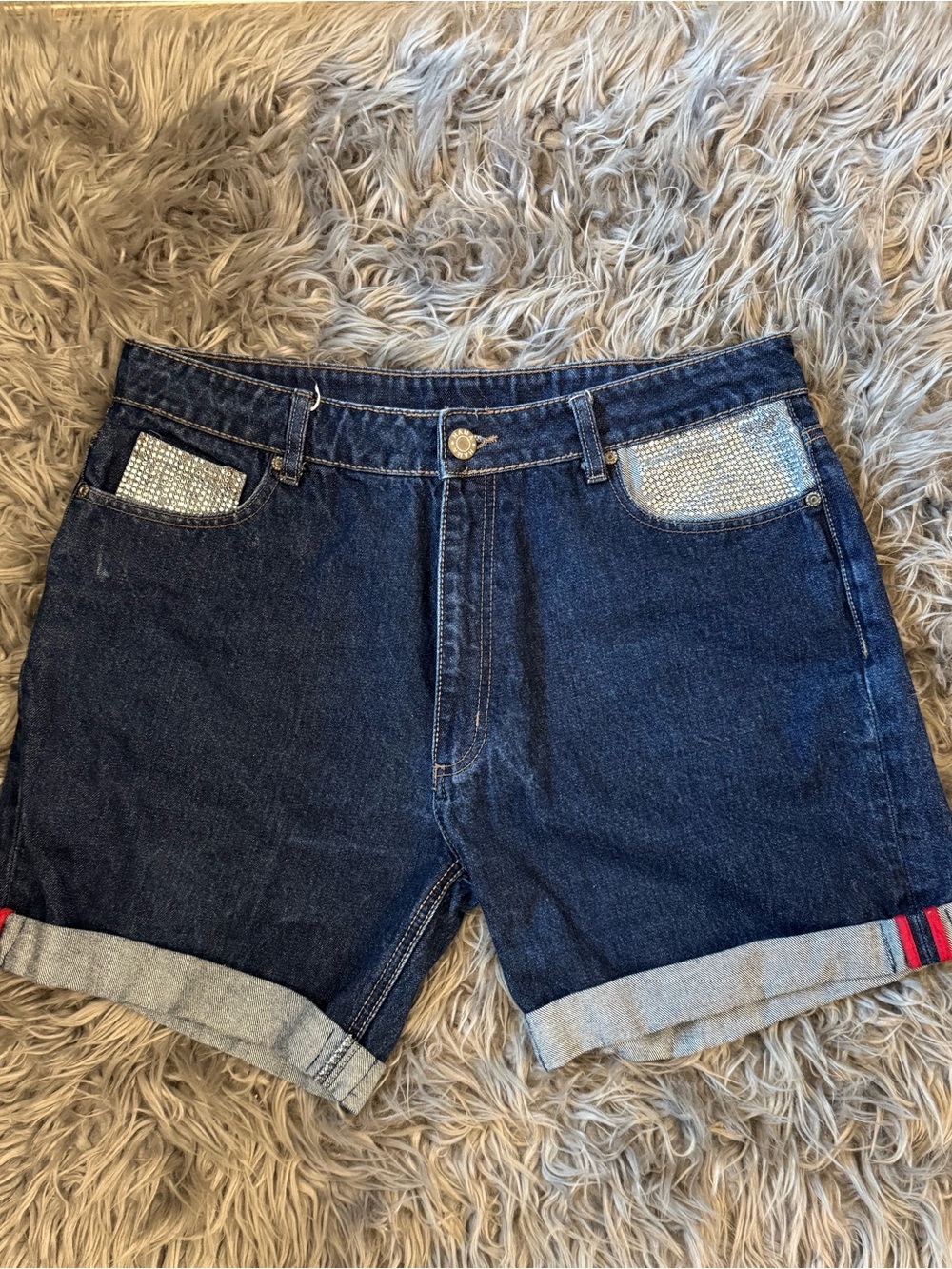HAMA Men's Dark Blue Denim Jean Shorts with Rhinestone Pocket Accents